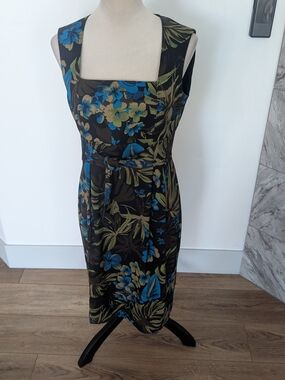 Jessica Howard Black Midi Dress with Blue and Olive Floral Print
